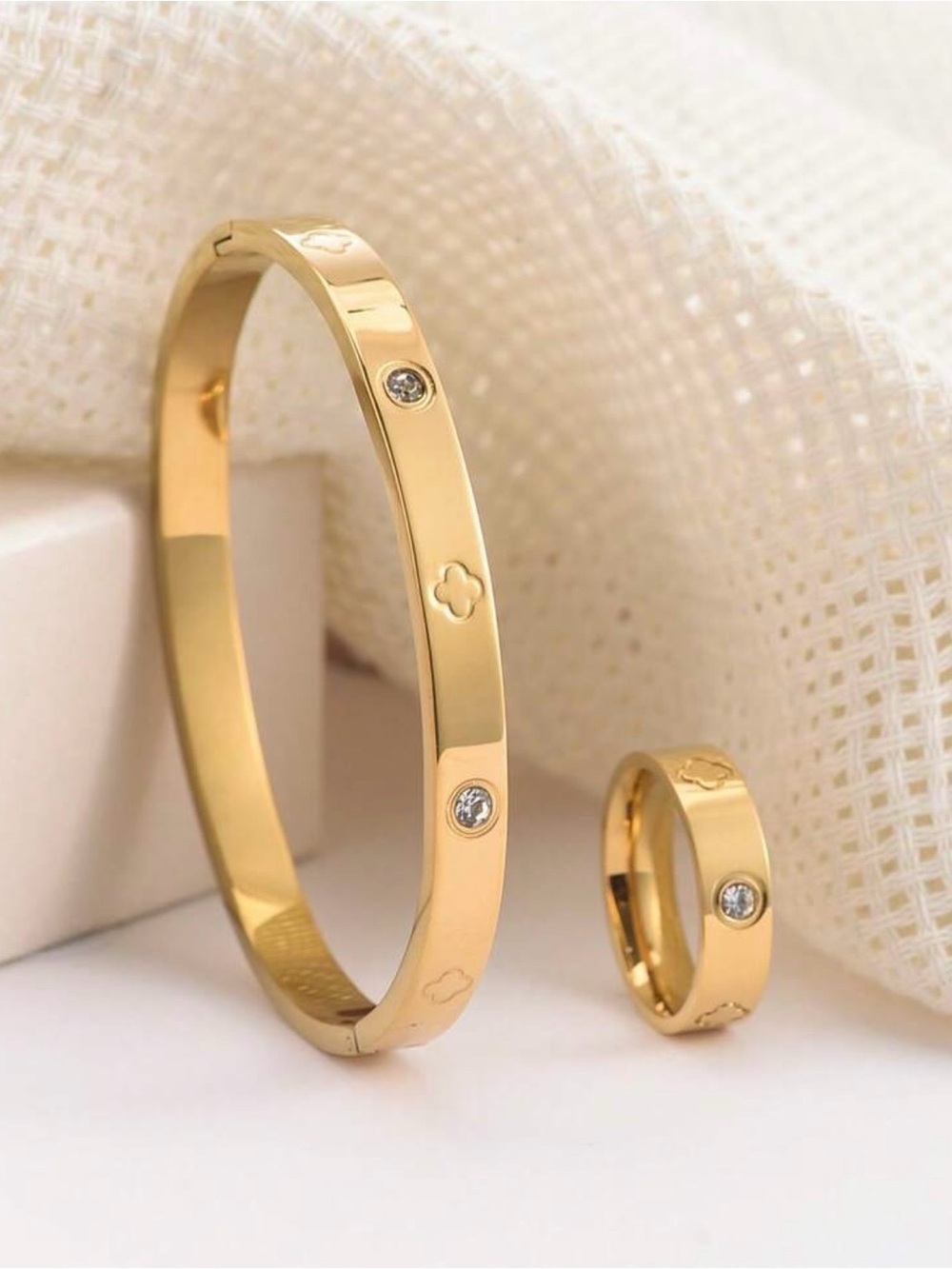 Gold Crystal Accent Bangle and Band Set - Picture 4 of 7